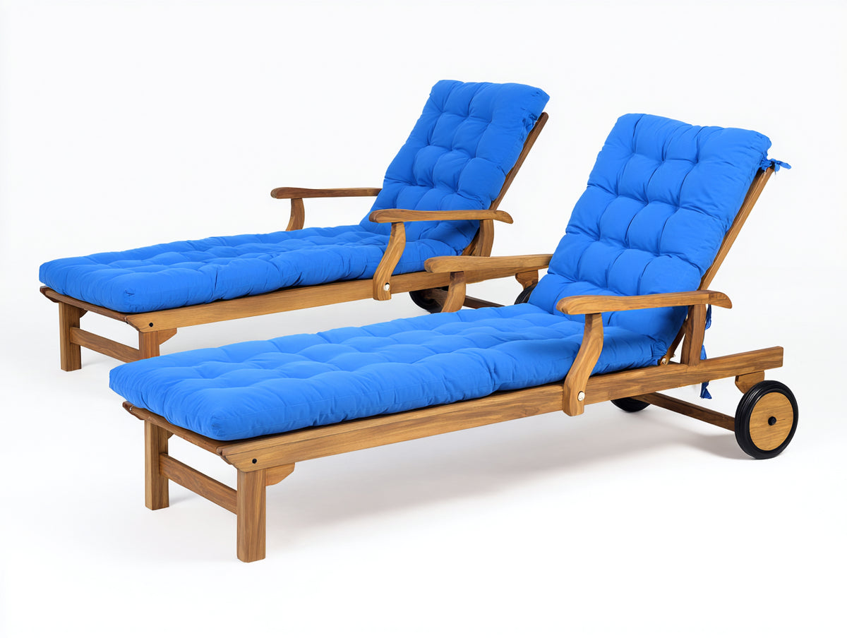Lettino prendisole - Legno-Tessuto - 203x74x98 cm - Legno naturale-Blu - Classico reclinabile con ruote