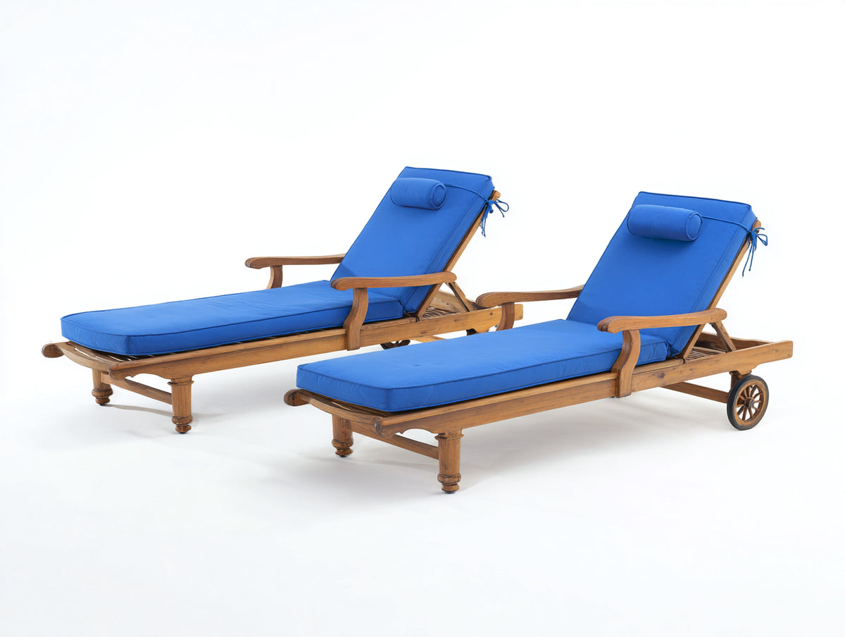 Lettino prendisole - Legno-Tessuto - 206x74x98 cm - Legno naturale-Blu intenso - Tradizionale reclinabile con ruote